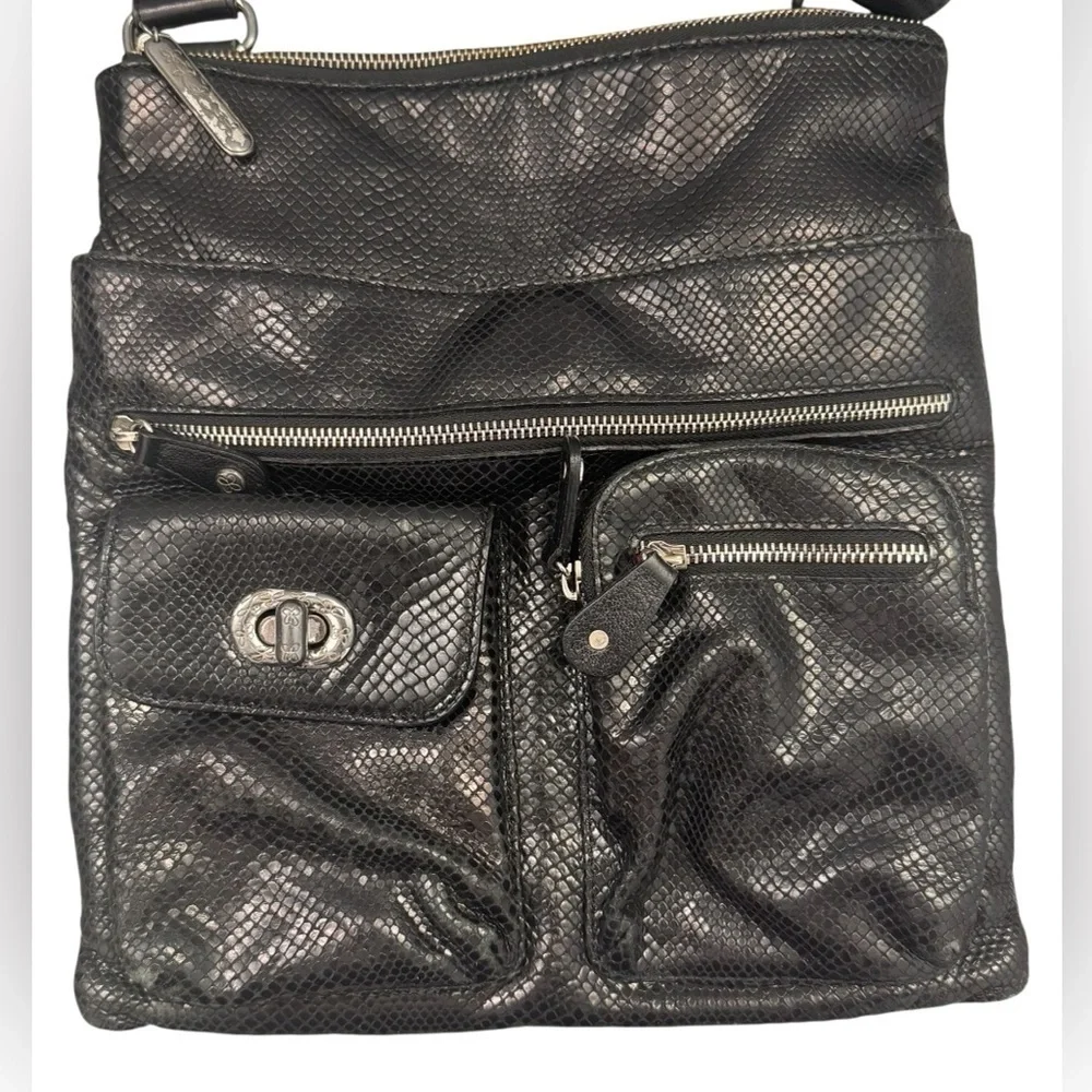 Brighton Black Leather Faux Snake Skin Multi Compartment Crossbody Shoulder Bag